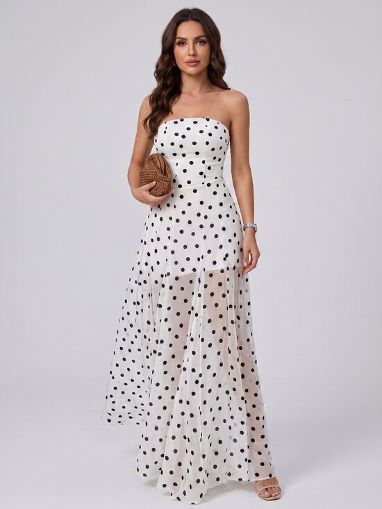 Dresses & Skirts - Women's White Black Polka Dot Strapless Chiffon Maxi Dress Vacation Party